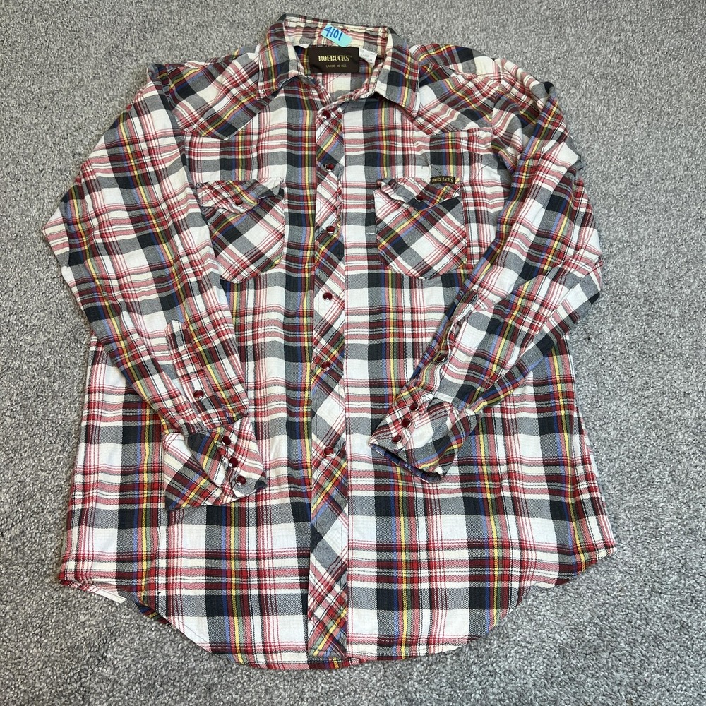 Vintage Roebucks Shirt Mens Large Plaid Flannel Western Pearl Snap‎ 90s